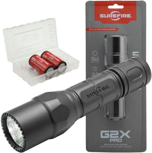 SureFire G2X Pro 600 Lumen Tactical EDC Flashlight Bundle with 2 Extra CR123A Batteries and Lightjunction Battery Case (Black) SureFire G2X Pro 600 Lumen Tactical EDC Flashlight Bundle with 2 Extra CR123A Batteries and Lightjunction Battery Case (Black)