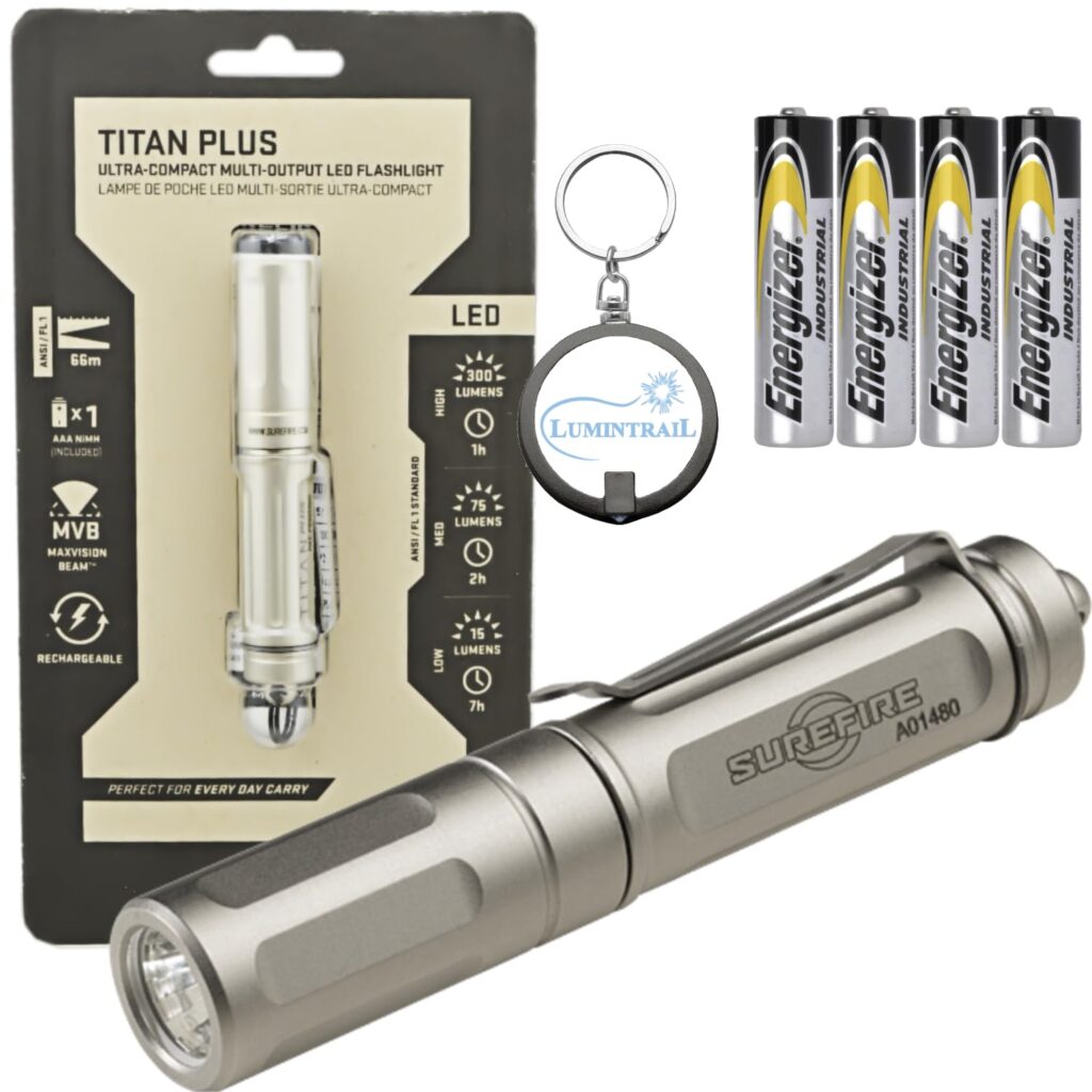 SureFire Titan-B Plus 300 Lumen LED Keychain Flashlight Bundle with 2 Extra Energizer AAA Batteries and Lumintrail Keychain Light